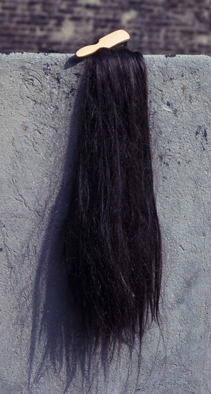 "Hairbrush" 1972 hairbrush handle and black wig