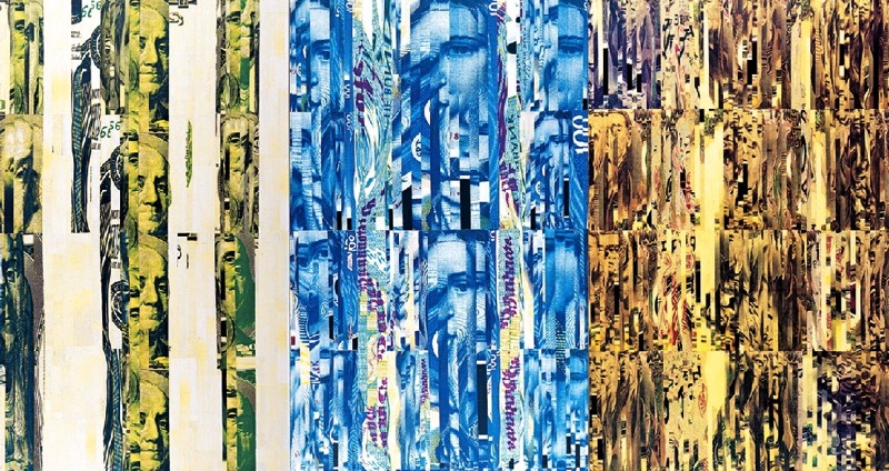 "Equals Value Balance Dollar Mark and Yen" 60" X 90" 1997 bubble jet prints, methyl-cellulose on canvas