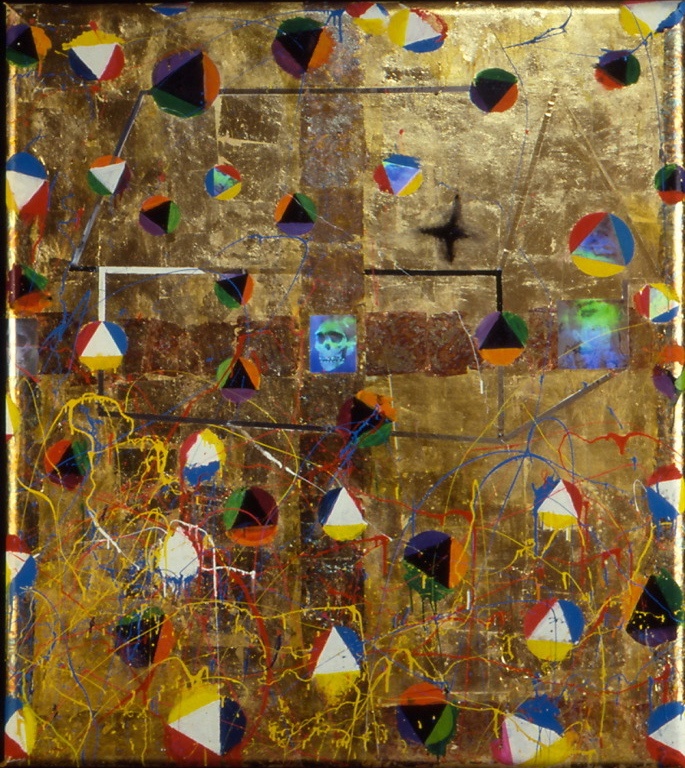 "Home" 1988 58" X 65" Enamel,mylar tape, copper,silver and gold Leaf and holograms on canvas holograms